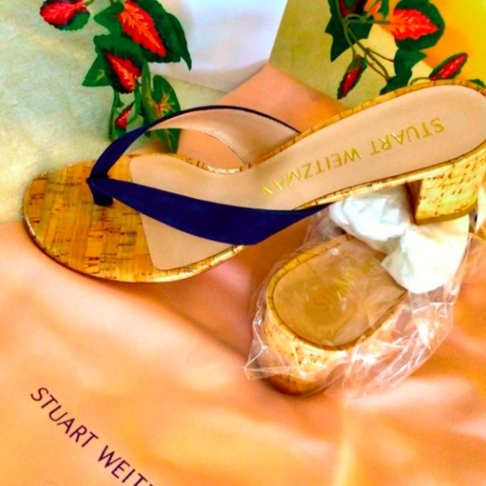 NEW STUART WEITZMAN LOW BLOCK NAVY HEEL THONG 8.5